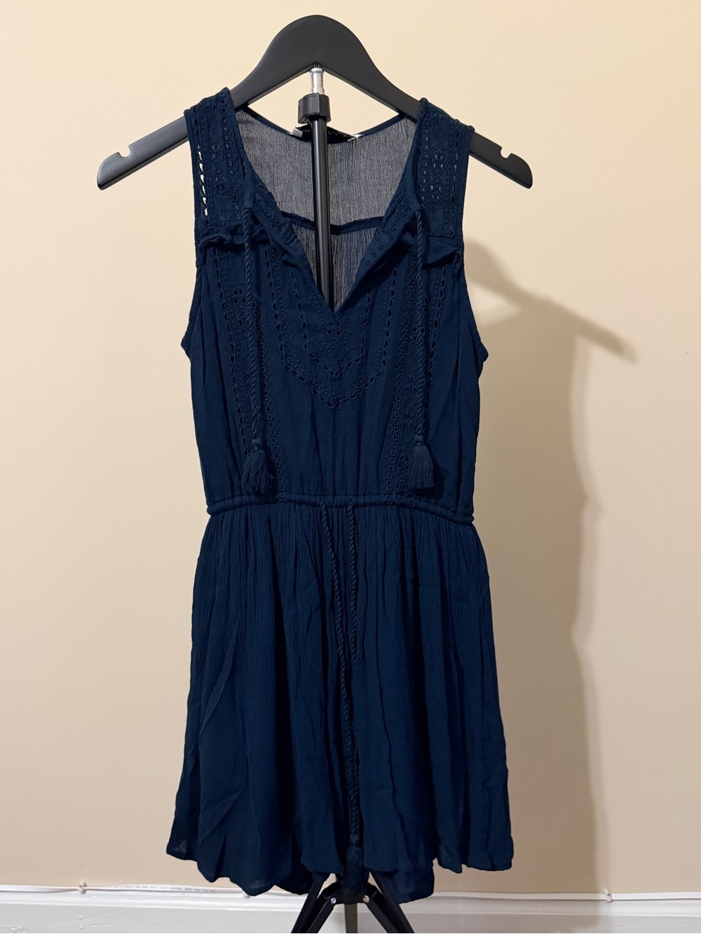 Abercrombie & Fitch Navy Sleeveless Crochet-Trim Mini Dress
